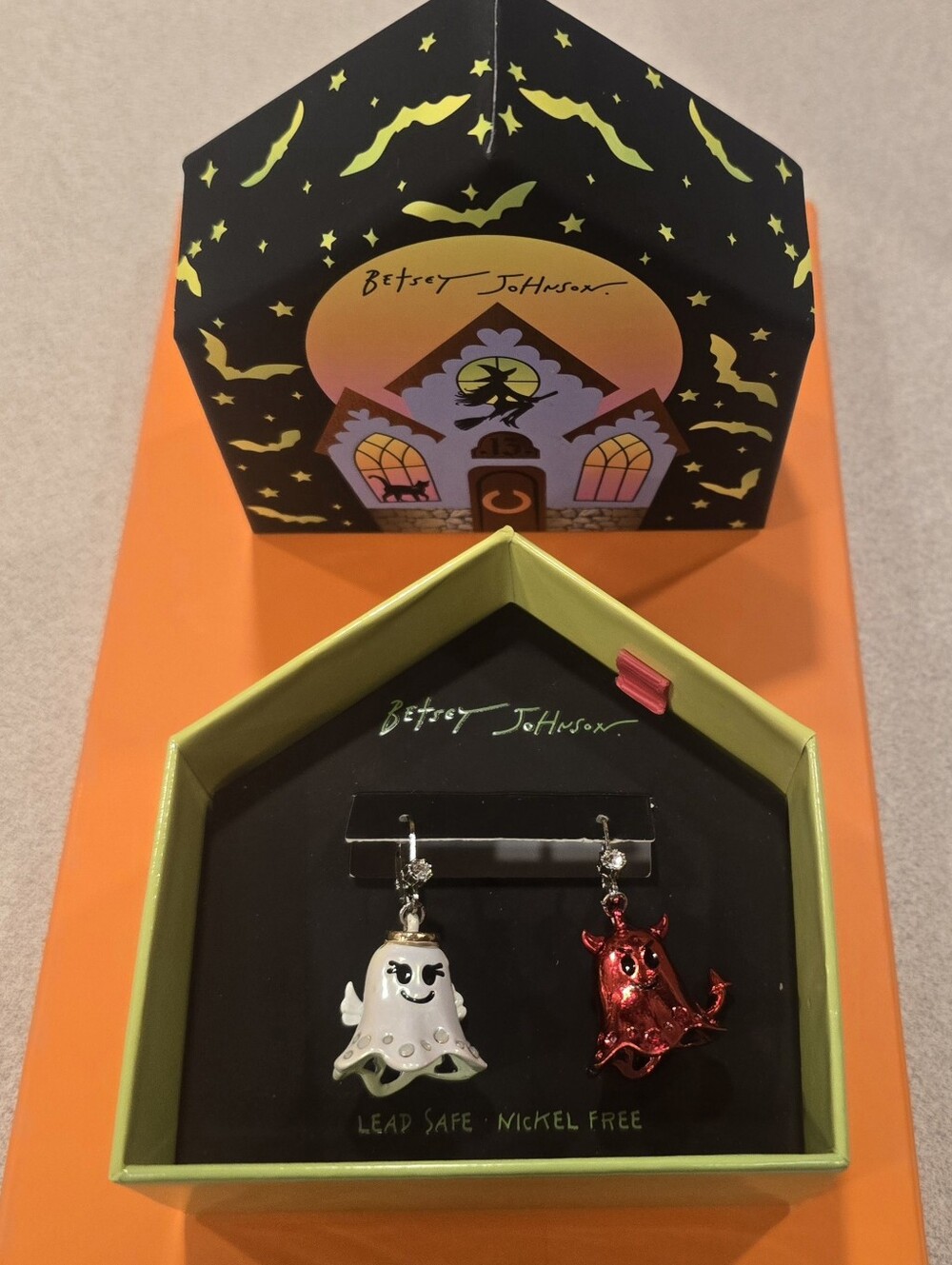 Betsey Johnson Halloween Ghost & Devil Dangle Earrings NEW In Box